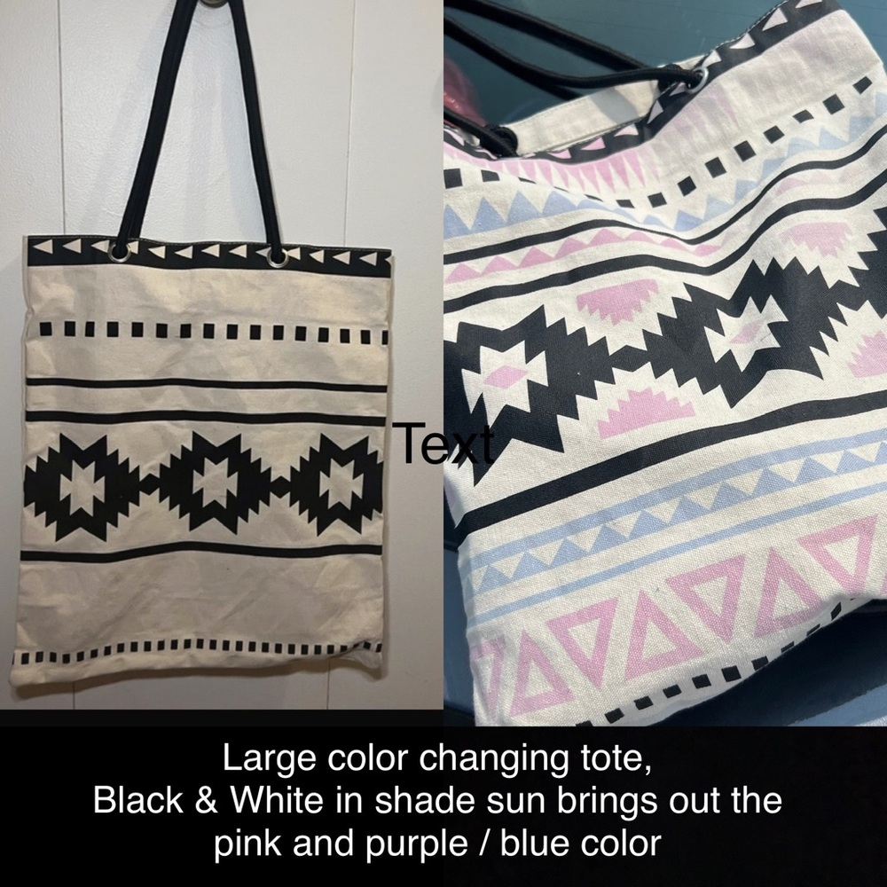 Large Tote bag with sun changing patterns black and white sun activated colors